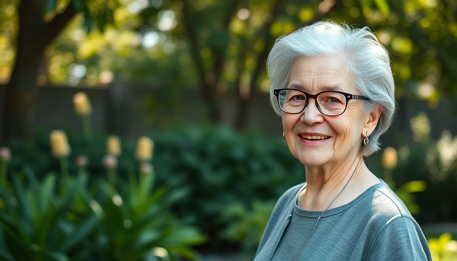 Elderly woman in glasses smiling outdoors, lush garden background.