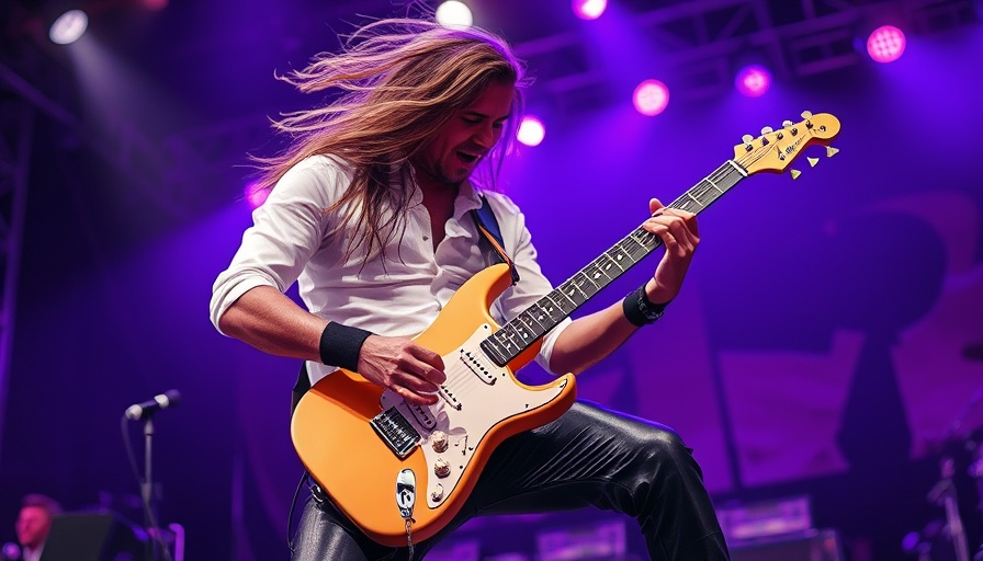 John Lodge concert Cleveland: guitarist performing passionately on stage under purple light.