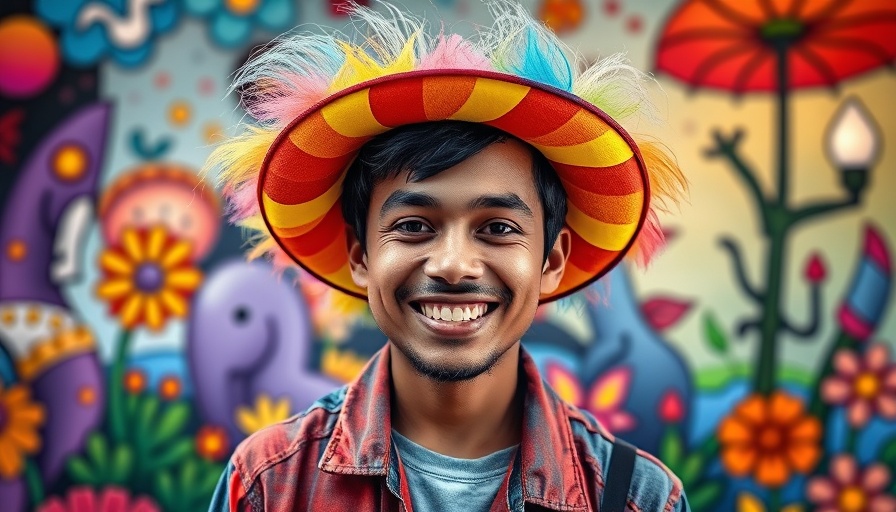 Colorful art-inspired individual with vibrant hat in front of lively artwork.