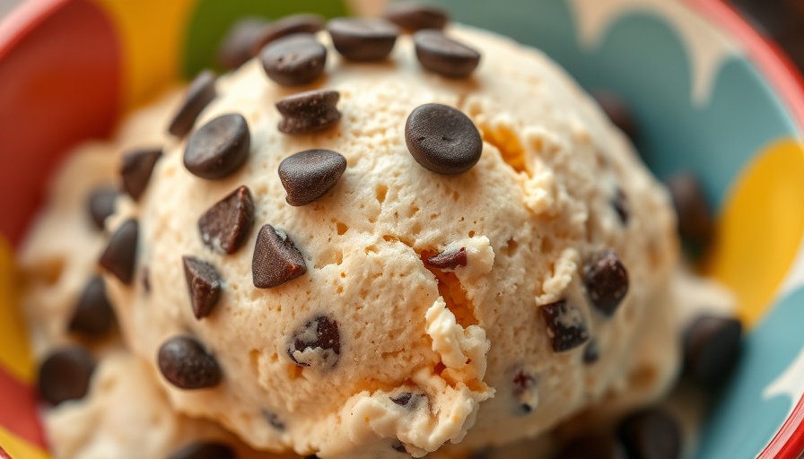 Chip dip ice cream scoop with chocolate chips in a vibrant bowl.