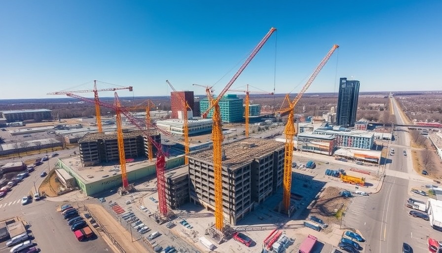Cuyahoga Falls construction update with cranes, equipment, blue sky.