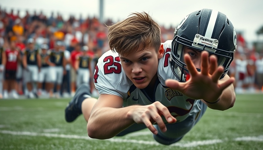 High school football player diving for a touchdown in a rainy game.