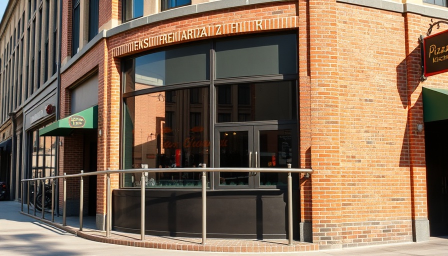 Modern pizza kitchen bar facade, Danny's in Tremont, sunny day.