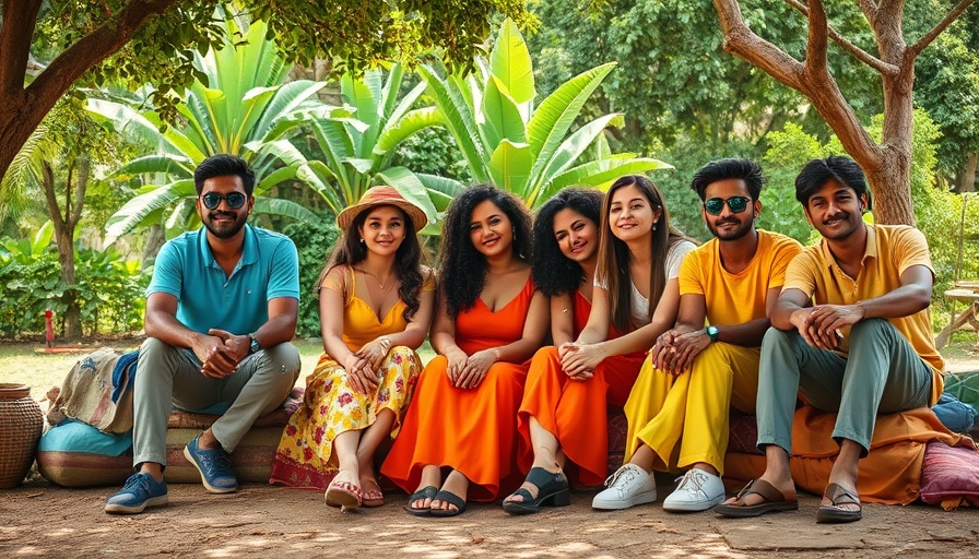 Vibrant band Frida and the Mann relaxing outdoors, colorful outfits.