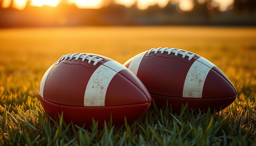 High School Football Schedule Week 7: Two footballs on a field at sunset.