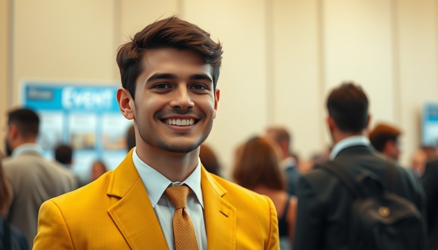 Young man in a yellow suit smiling at an event, beige background.