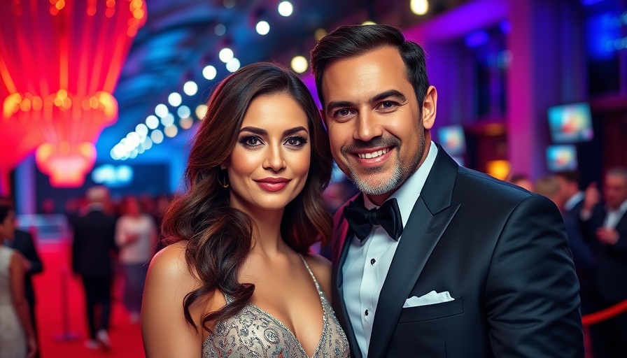 Elegant couple at glamorous event with vivid lighting