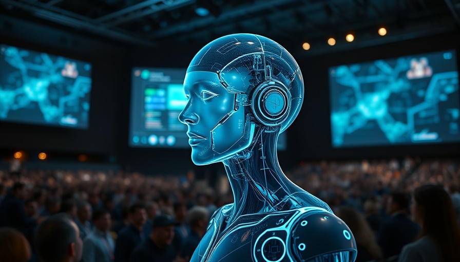 Microsoft MAI Image 1 AI display at tech conference, futuristic humanoid.