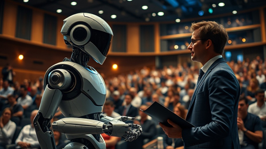 Futuristic scene with humanoid robot and businessman in auditorium.