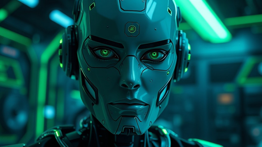Futuristic humanoid robot with glowing green eyes in Detroit tech startups.