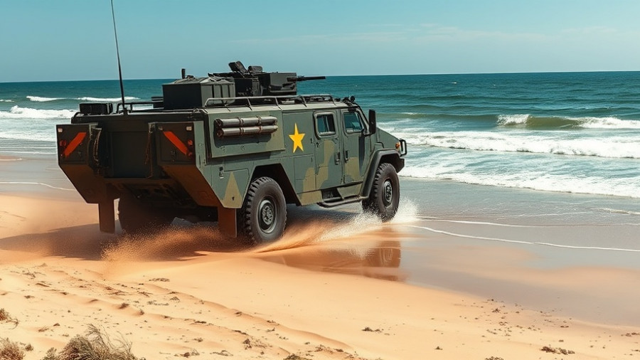 California military demonstration with amphibious vehicle on the beach.