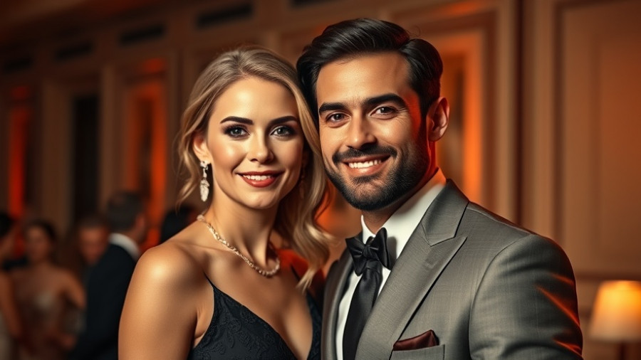 Elegant couple in formal attire posing at a glamorous event.