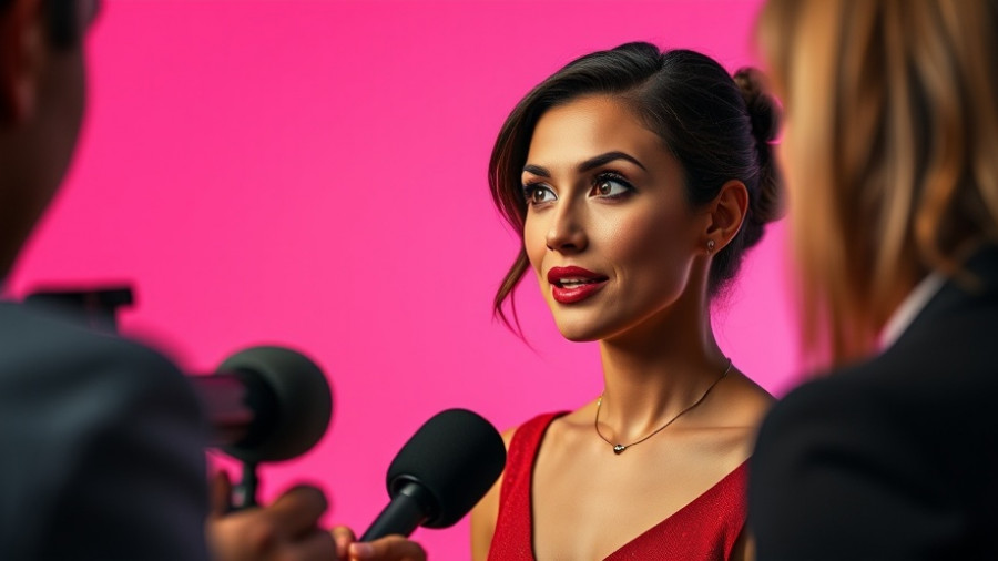 Jessica Simpson-aissance moment during interview with vibrant backdrop.