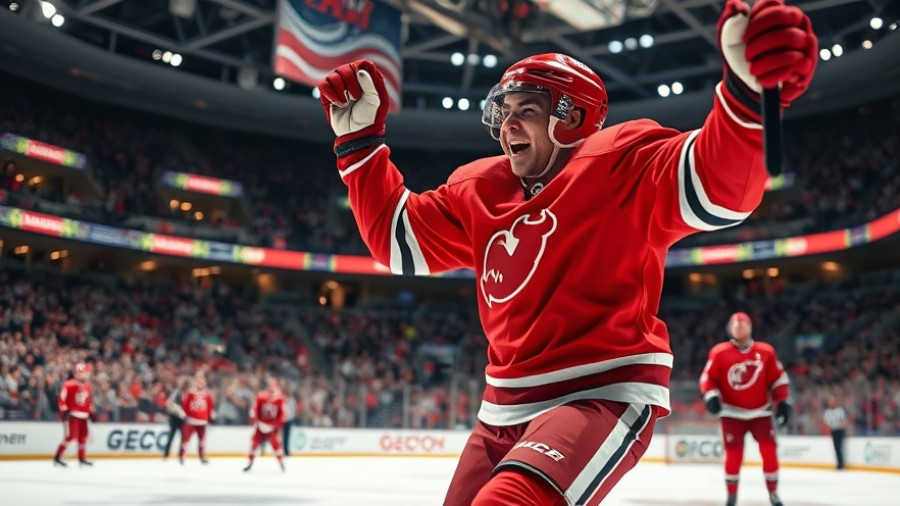 Excited hockey player celebrating a goal, vibrant arena, Detroit sports updates.