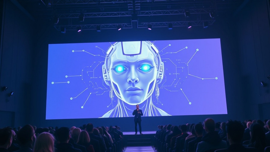 AI-powered browser launch presentation with humanoid AI image and speaker.