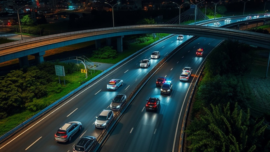 Metro Detroit traffic news, night aerial highway view with cars.