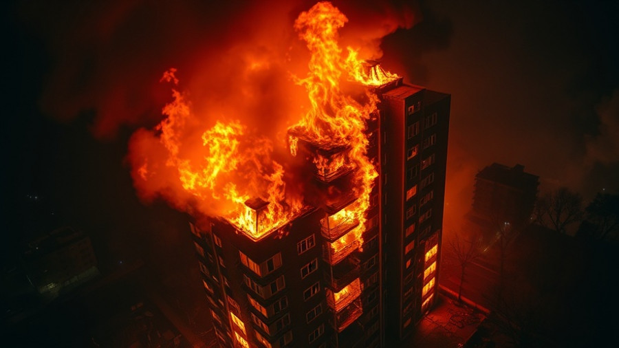 Aerial view of massive fire in Southgate American House, flames at night.