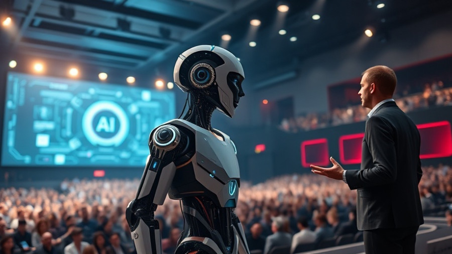 Futuristic tech presentation at conference with humanoid robot and presenter.