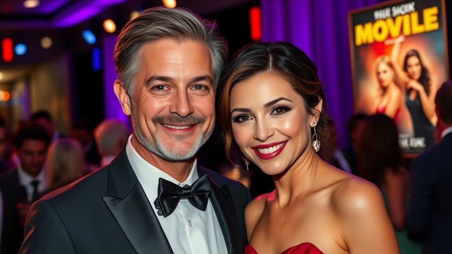 Elegant couple smiling at an event, with colorful poster backdrop.