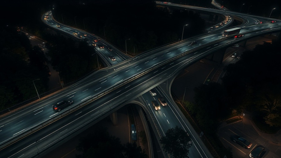 Nighttime aerial view of Metro Detroit traffic interchange.