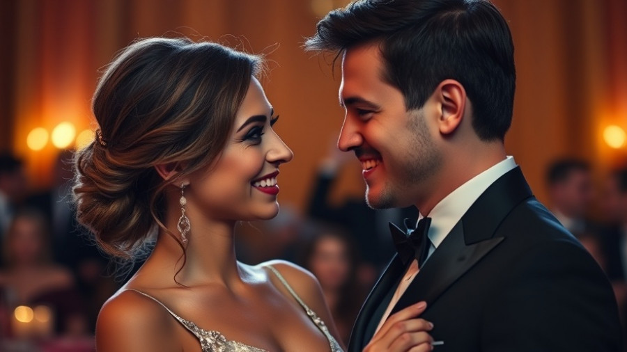 Elegant couple at formal event, warm background.