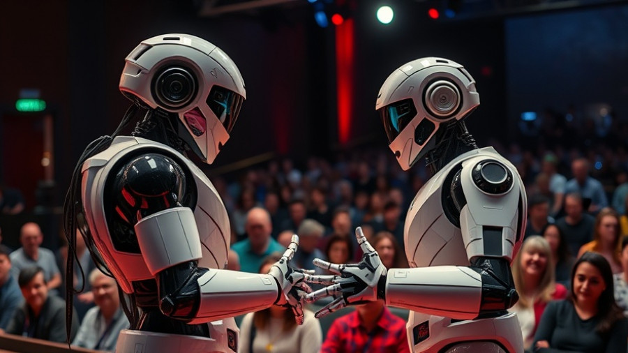 Detroit tech startups presentation with humanoid robots and presenter.