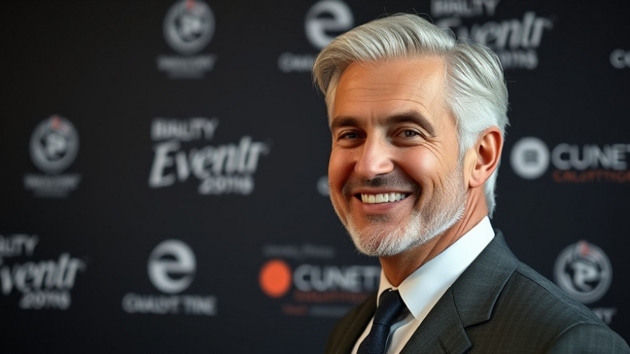 Smiling man in suit at event backdrop.