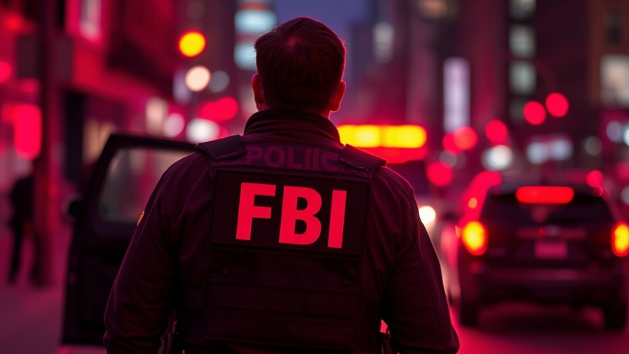 FBI agent in low-light urban scene amid Michigan breaking news.