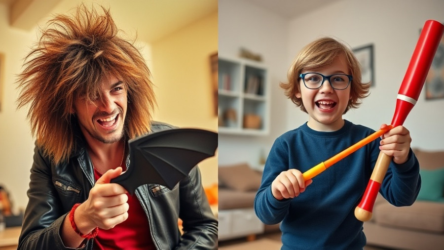 Kelly Osbourne's son playfully mimics Ozzy Osbourne with a toy bat.