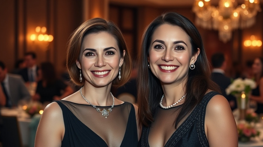 Elegant women at a formal event with floral arrangements.
