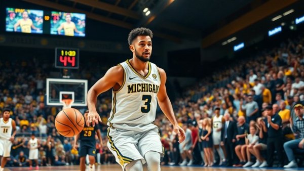 Michigan basketball podcast featured in live game action.