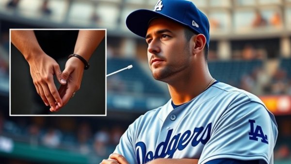 Baseball player in Dodgers uniform looking thoughtful on the field