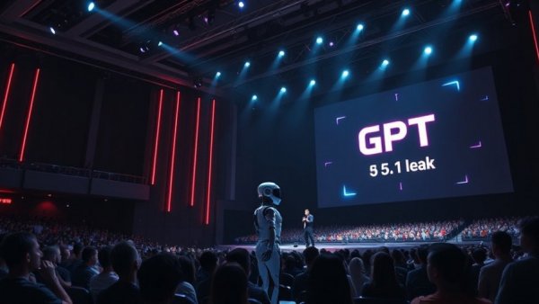 GPT-5.1 stage presentation with futuristic digital display.