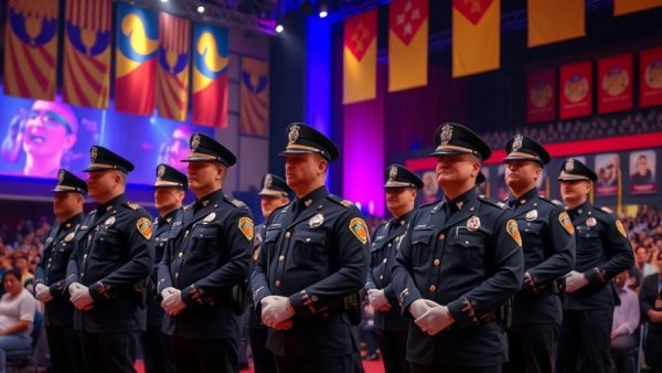 Detroit local news event with ceremonial police officers on stage.