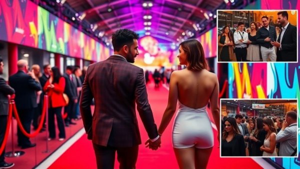 Stylish duo at cultural festival with vibrant background.