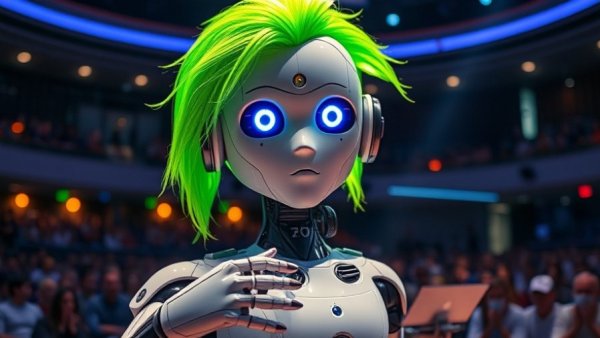 Grok 4.1 AI Development presentation with futuristic robot on stage.