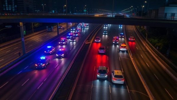Aerial view of Metro Detroit traffic incident with police on highway at night.