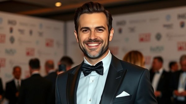 Formally dressed man at an event, ambient lighting.