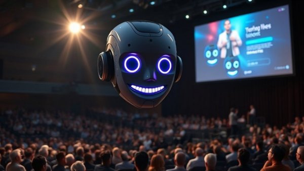 Futuristic AI presentation showcasing cutting-edge robot head at tech event.