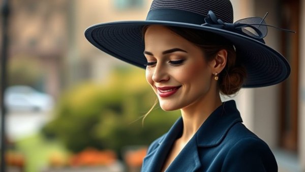 Elegant woman in navy outfit and hat, soft smile, outdoor setting.