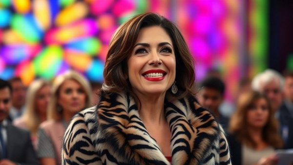 Elegant woman on stage wearing zebra-patterned fur coat.