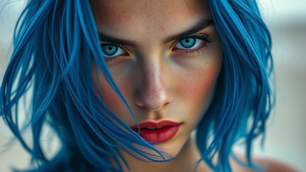 Vivid blue-haired woman with bright eyes, beach background.