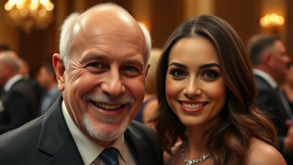 Smiling older man with young woman at formal event background.