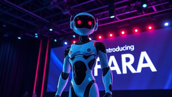 Futuristic AI introduction at tech event with vibrant display.