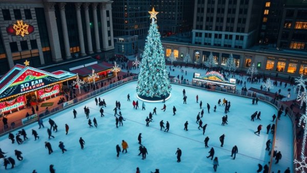 Detroit local news captures holiday skaters at festive ice rink.