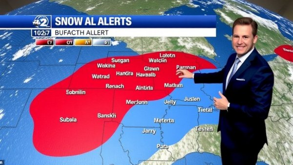 Metro Detroit weather alerts on TV with snowfall map and presenter.