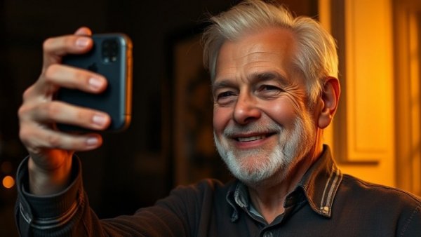 Older man photographing in warm indoor ambiance.