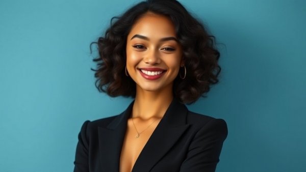 Young woman smiling in formal attire with blue backdrop.