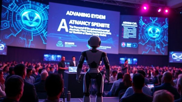 Futuristic conference on Michigan artificial intelligence with humanoid robot.