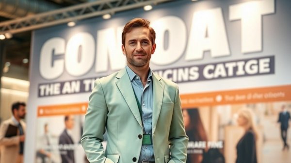 Man in green suit at indoor event with text backdrop.